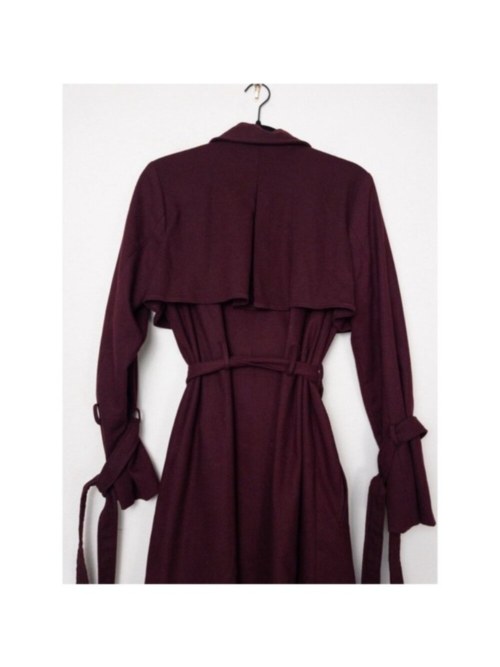 NEW J.O.A Belted Trench Coat S Burgundy Maroon Tie Cuff Double Breasted Utility - Picture 9 of 12